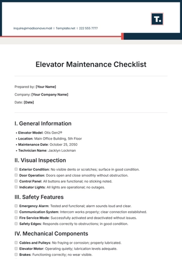Free Elevator Maintenance Checklist Template to Edit Online