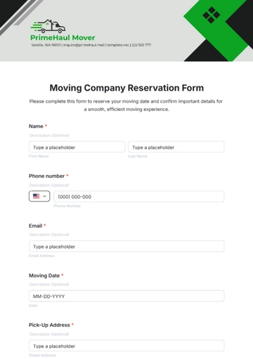 Free Moving Company Reservation Form Template to Edit Online