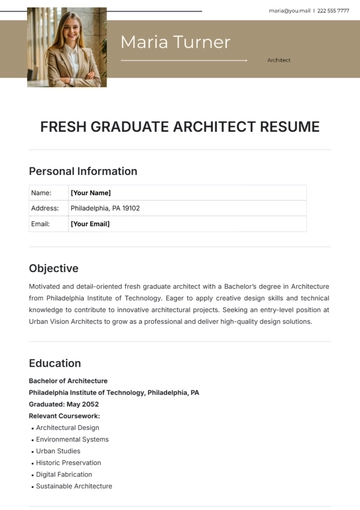Free Fresh Graduate Architect Resume Template to Edit Online