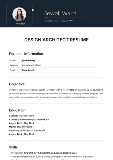 Free Design Architect Resume Template to Edit Online