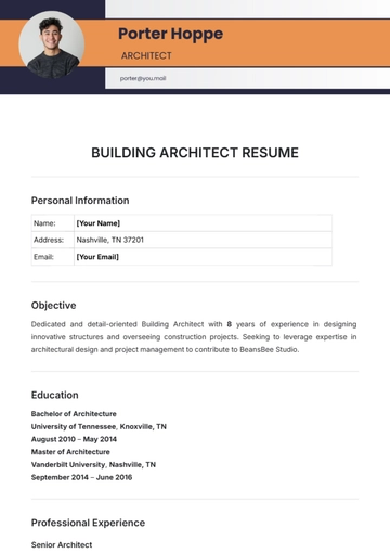 Free Building Architect Resume Template to Edit Online