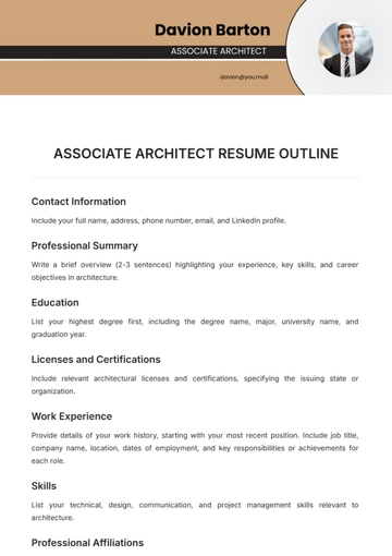 Free Associate Architect Resume Outline Template to Edit Online