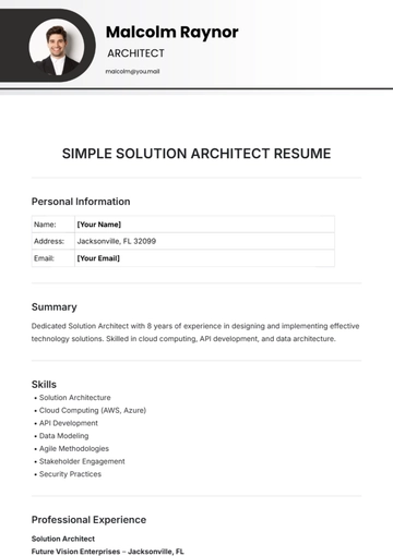 Free Simple Solution Architect Resume Template to Edit Online