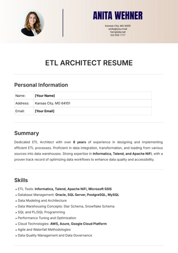 Free ETL Architect Resume Template to Edit Online