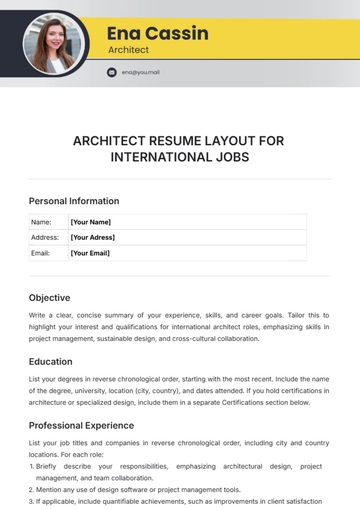 Free Architect Resume Layout for International Jobs Template to Edit Online