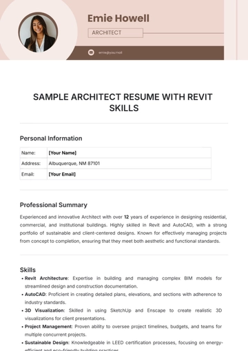 Free Sample Architect Resume with Revit Skills Template to Edit Online