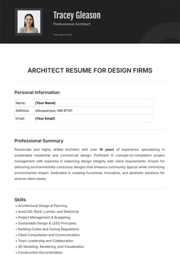 Free Architect Resume for Design Firms Template to Edit Online