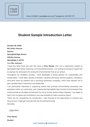 Free Student Sample Introduction Letter Template to Edit Online