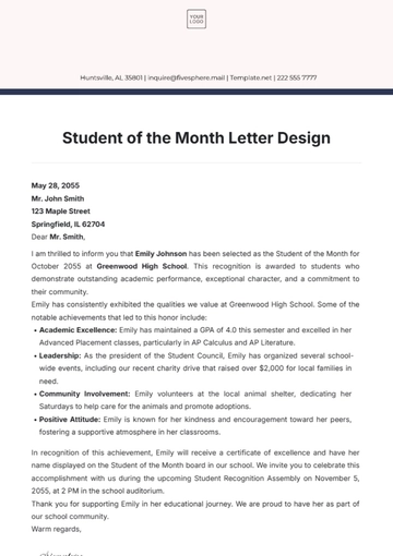 Free Student of the Month Letter Design Template to Edit Online