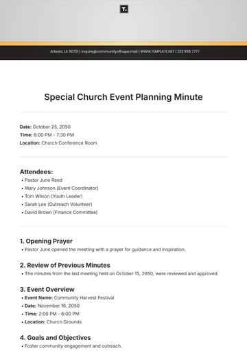 Free Special Church Event Planning Minute Template to Edit Online