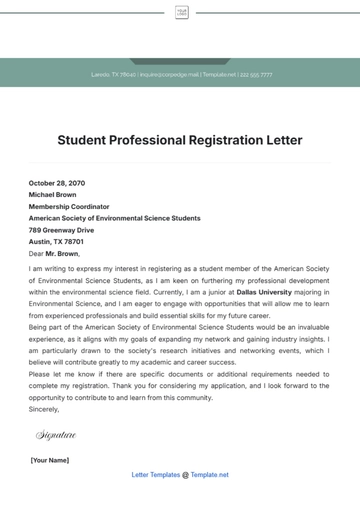 Free Student Professional Registration Letter Template to Edit Online