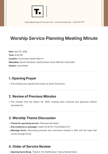Free Worship Service Planning Meeting Minute Template to Edit Online