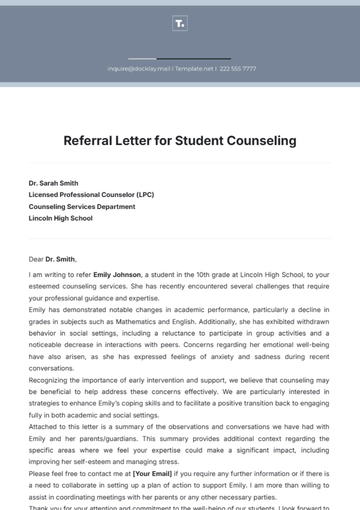 Free Referral Letter for Student Counseling Template to Edit Online