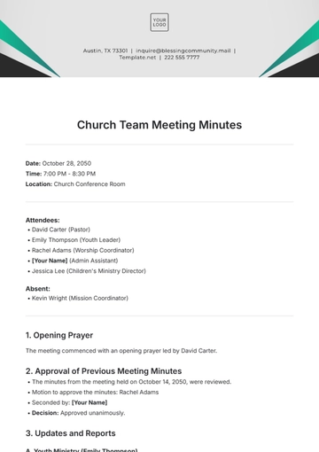 Free Church Team Meeting Minutes Template to Edit Online