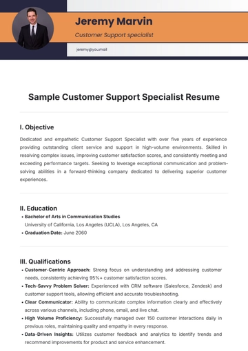 Free Sample Customer Support Specialist Resume Template to Edit Online