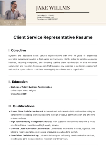 Free Client Service Representative Resume Template to Edit Online