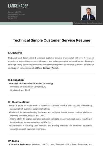 Free Technical Simple Customer Service Resume Template to Edit Online