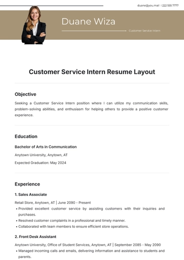 Free Customer Service Intern Resume Layout Template to Edit Online