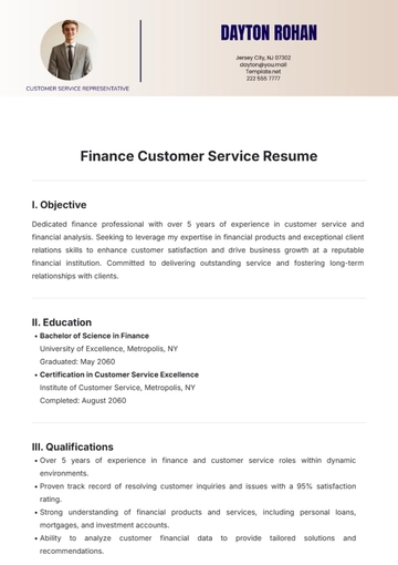 Free Finance Customer Service Resume Template to Edit Online
