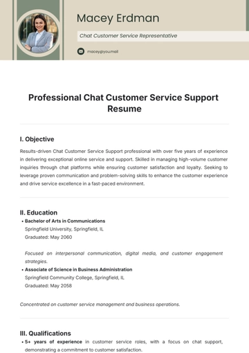 Free Professional Chat Customer Service Support Resume Template to Edit Online