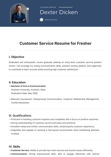Free Customer Service Resume for Fresher Template to Edit Online