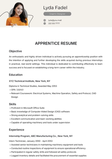 Free Apprentice Resume Template to Edit Online