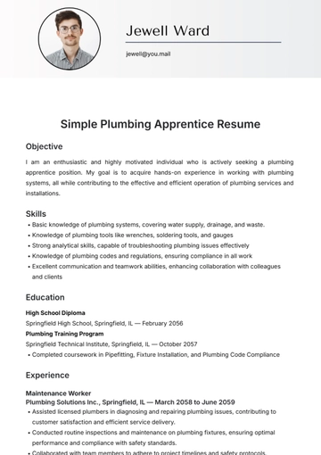 Free Simple Plumbing Apprentice Resume Template to Edit Online