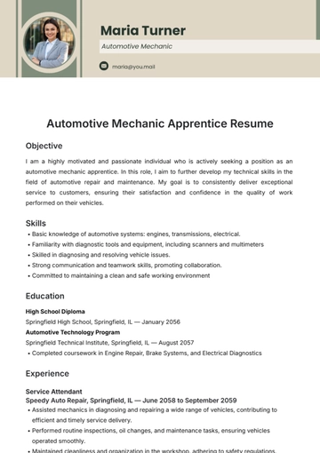 Free Automotive Mechanic Apprentice Resume Template to Edit Online