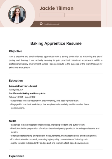 Free Baking Apprentice Resume Template to Edit Online