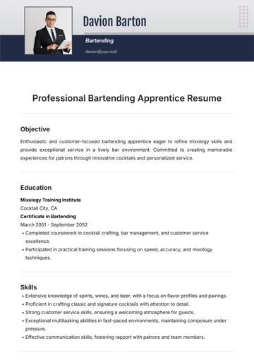 Free Professional Bartending Apprentice Resume Template to Edit Online