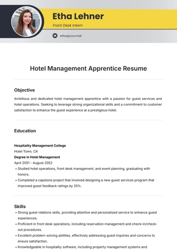 Free Hotel Management Apprentice Resume Template to Edit Online