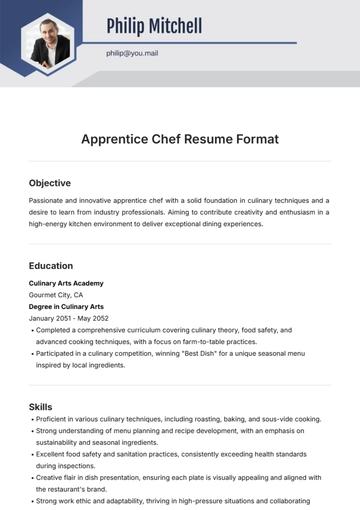 Free Apprentice Chef Resume Format Template to Edit Online