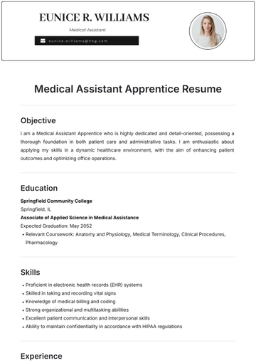Free Medical Assistant Apprentice Resume Template to Edit Online