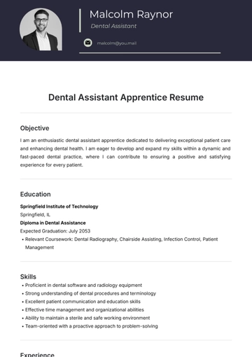 Free Dental Assistant Apprentice Resume Template to Edit Online