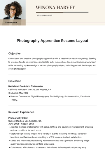 Free Photography Apprentice Resume Layout Template to Edit Online