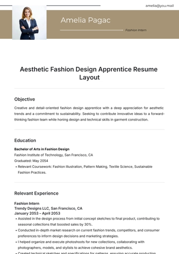 Free Aesthetic Fashion Design Apprentice Resume Template to Edit Online