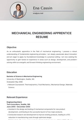 Free Mechanical Engineering Apprentice Resume Template to Edit Online