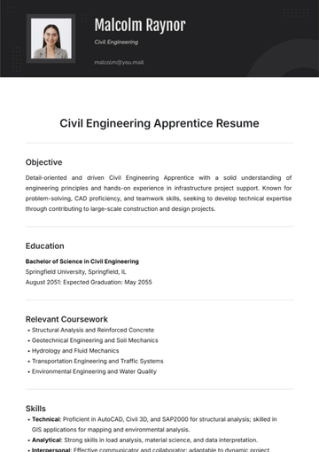 Free Civil Engineering Apprentice Resume Template to Edit Online