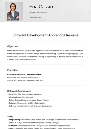 Free Software Development Apprentice Resume Template to Edit Online