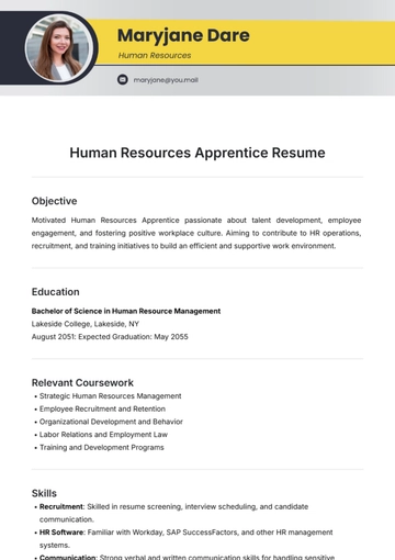 Free Human Resources Apprentice Resume Template to Edit Online