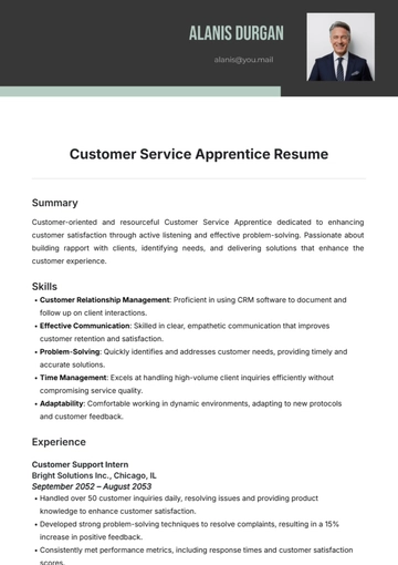 Free Customer Service Apprentice Resume Template to Edit Online