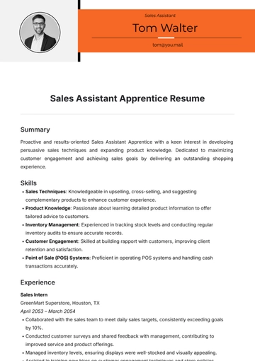 Free Sales Assistant Apprentice Resume Template to Edit Online