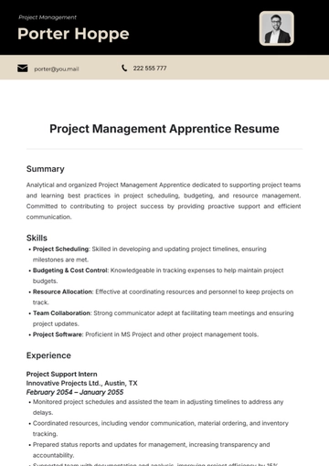 Free Project Management Apprentice Resume Template to Edit Online