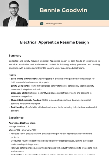 Free Electrical Apprentice Resume Design Template to Edit Online