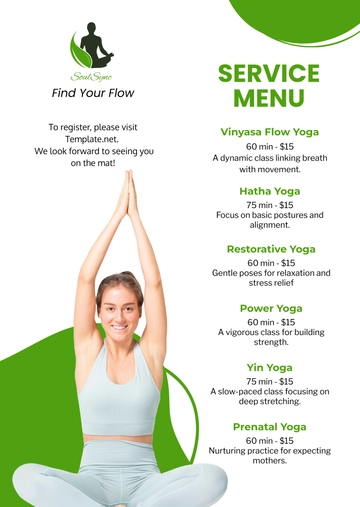 Free Yoga Studio Service Menu Template to Edit Online