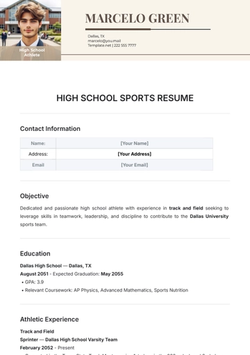 Free High School Sports Resume Template to Edit Online