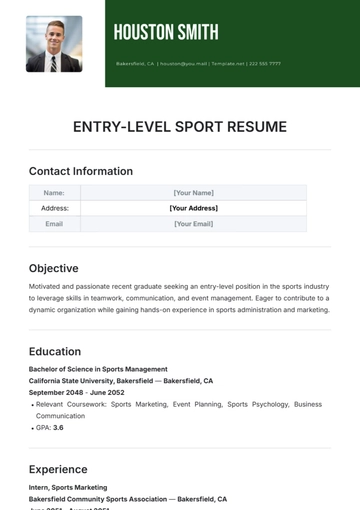 Free Entry-Level Sports Resume Template to Edit Online
