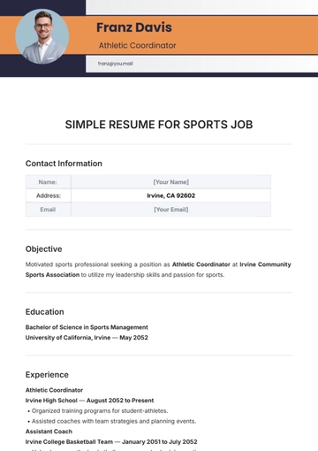Free Simple Resume for Sports Job Template to Edit Online