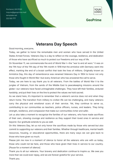 Free Veterans Day Speech Template to Edit Online