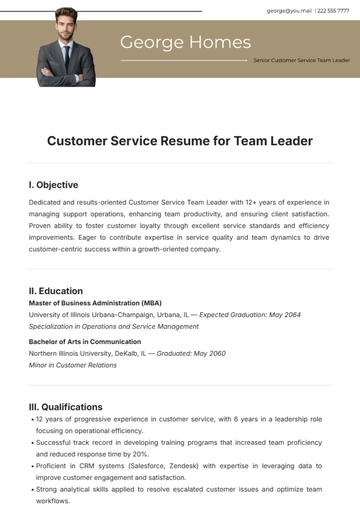 Free Customer Service Resume for Team Leader Template to Edit Online